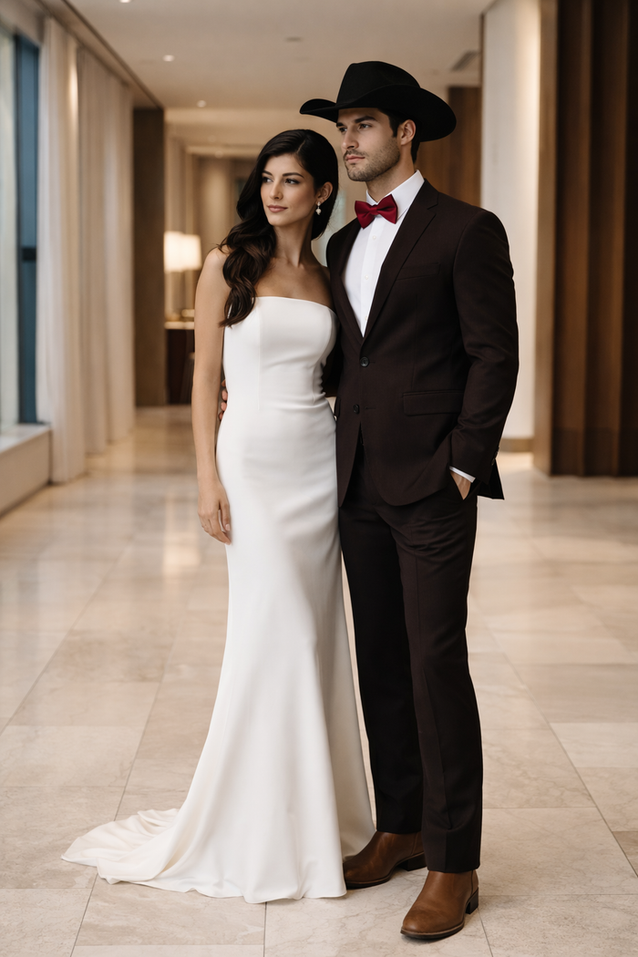 Western Suits For Wedding - Traje Para Hombre - Cowboy Suit With Trim Collar - Slim Fit Cut -  Brown Fitted Pants