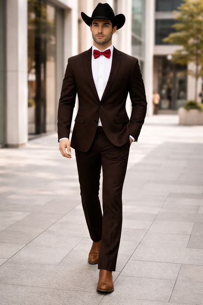 Western Suits For Wedding - Traje Para Hombre - Cowboy Suit With Trim Collar - Slim Fit Cut -  Brown Fitted Pants