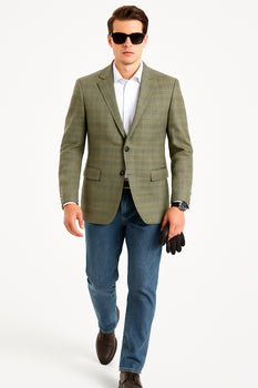 Saco vaquero - Western Sport Coat - Western Blazer - Men's Two Button Regular Fit Windowpane Plaid Sport Coat Blazer In Light Olive Green
