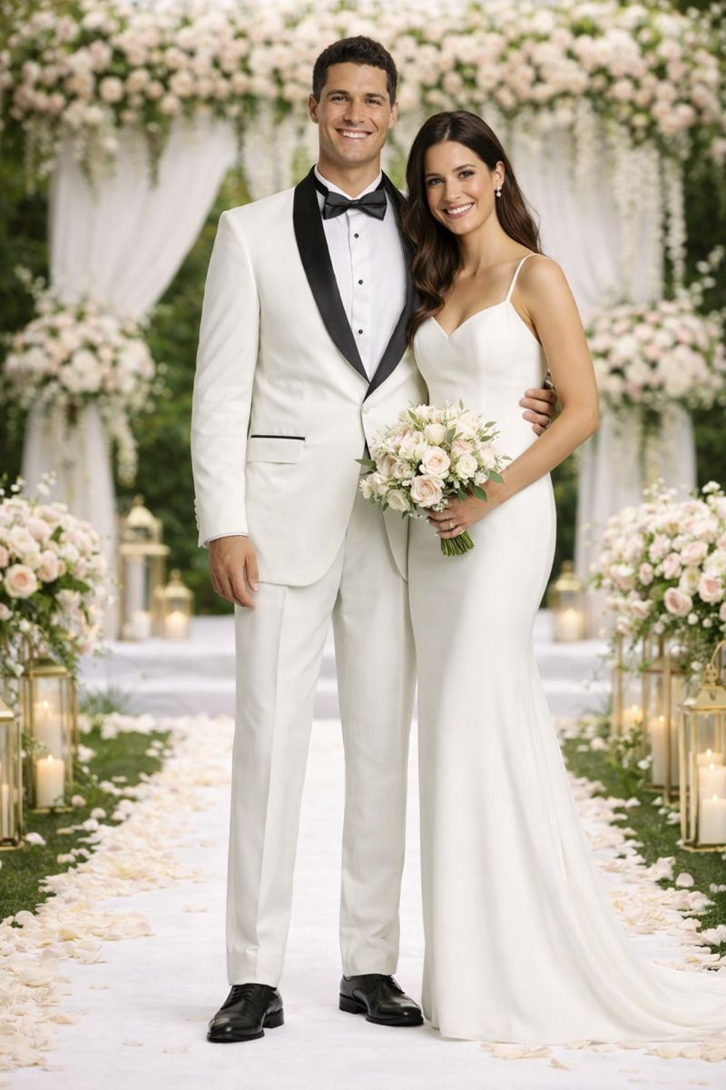 White And Black Lapel Tuxedo Suit Jacket & Pants Blazer Dinner Jacket Looking