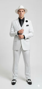 White and Black Pinstripe Vested Suit + Matching White Hat + Shirt And Tie - Gangster Suit