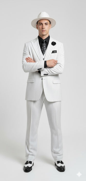 White and Black Pinstripe Vested Suit + Matching White Hat + Shirt And Tie - Gangster Suit
