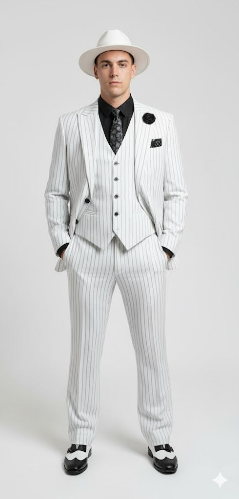 White and Black Pinstripe Vested Suit + Matching White Hat + Shirt And Tie - Gangster Suit