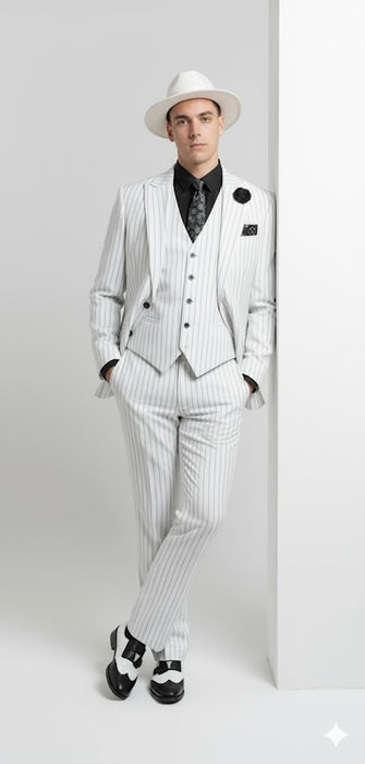 White and Black Pinstripe Vested Suit + Matching White Hat + Shirt And Tie - Gangster Suit