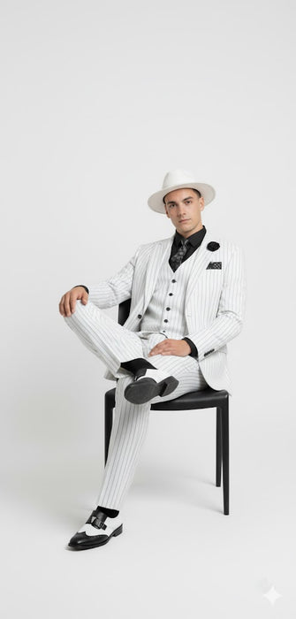 White and Black Pinstripe Vested Suit + Matching White Hat + Shirt And Tie - Gangster Suit