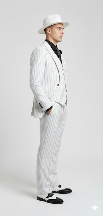 White and Black Pinstripe Vested Suit + Matching White Hat + Shirt And Tie - Gangster Suit