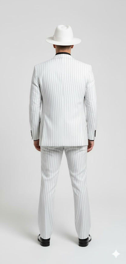 White and Black Pinstripe Vested Suit + Matching White Hat + Shirt And Tie - Gangster Suit