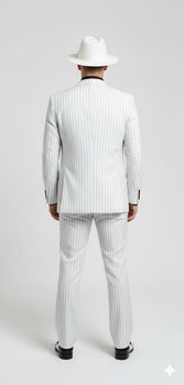 White and Black Pinstripe Vested Suit + Matching White Hat + Shirt And Tie - Gangster Suit
