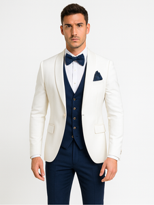 White and Navy Blue Tuxedo Wedding Suit - White Dinner Jacket + Vest + Pants + Bow-tie