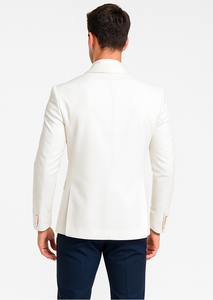 White and Navy Blue Tuxedo Wedding Suit - White Dinner Jacket + Vest + Pants + Bow-tie