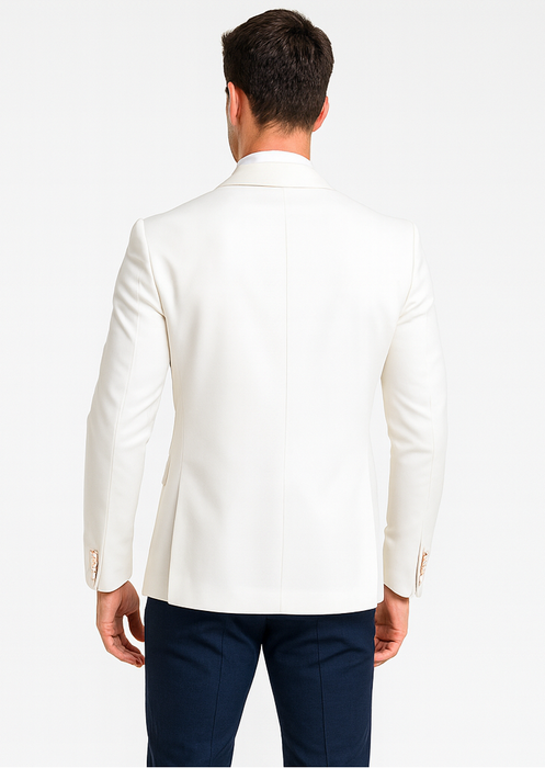 White and Navy Blue Tuxedo Wedding Suit - White Dinner Jacket + Vest + Pants + Bow-tie