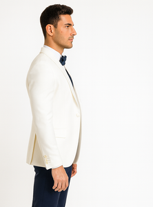 White and Navy Blue Tuxedo Wedding Suit - White Dinner Jacket + Vest + Pants + Bow-tie