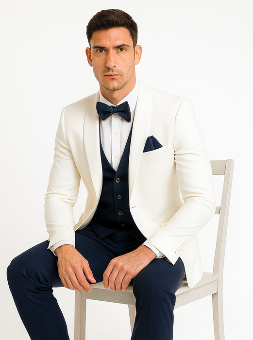 White and Navy Blue Tuxedo Wedding Suit - White Dinner Jacket + Vest + Pants + Bow-tie