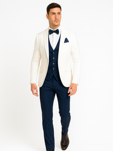 White and Navy Blue Tuxedo Wedding Suit - White Dinner Jacket + Vest + Pants + Bow-tie