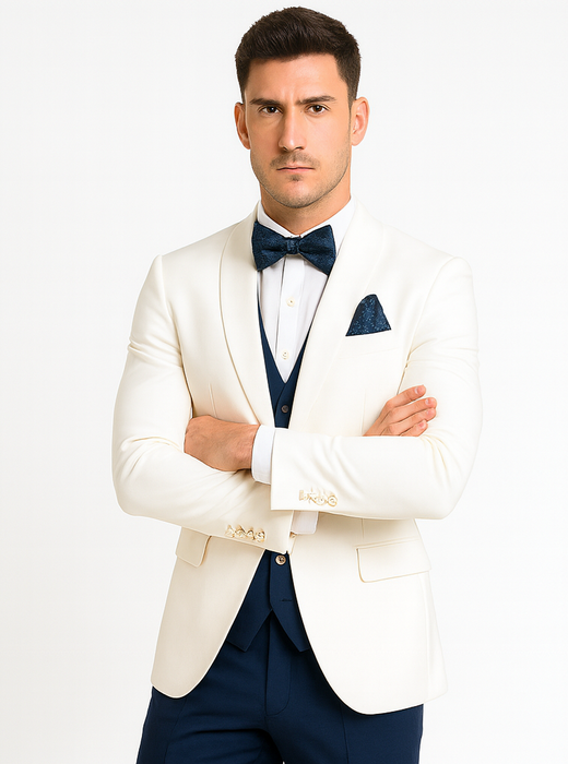 White and Navy Blue Tuxedo Wedding Suit - White Dinner Jacket + Vest + Pants + Bow-tie