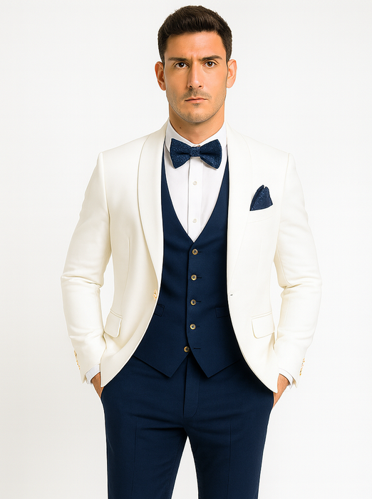 White and Navy Blue Tuxedo Wedding Suit - White Dinner Jacket + Vest + Pants + Bow-tie