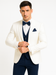 White and Navy Blue Tuxedo Wedding Suit - White Dinner Jacket + Vest + Pants + Bow-tie