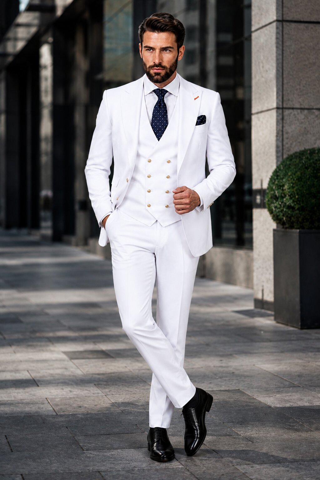 Men's White Statement Ticket Pocket Peak Lapel Wool Double Breasted Vest Suit with Gold Buttons – Modern Fit