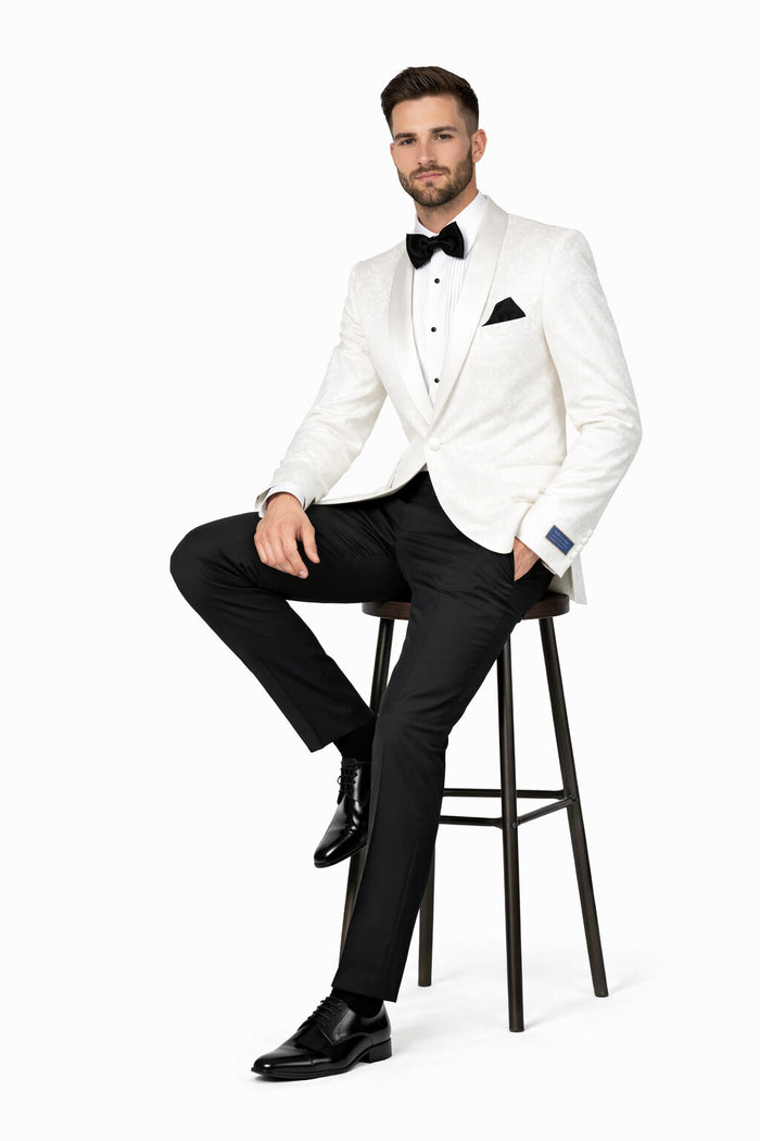 Men's Super 150's Viscose Blend 1 Button White Tuxedo Floral Pattern  Dinner Jacket - Image 4