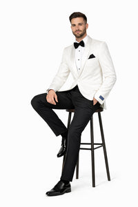 Men's Super 150's Viscose Blend 1 Button White Tuxedo Floral Pattern  Dinner Jacket