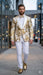 Mens White and Gold Floral Tuxedo Jacket with Satin Lapel – Luxury Prom, Wedding and Formal Dinner Blazer
