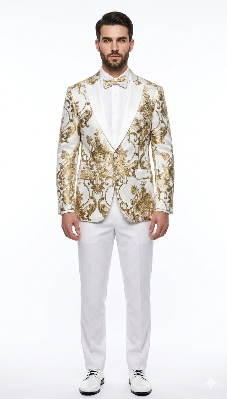 Mens White and Gold Floral Tuxedo Jacket with Satin Lapel – Luxury Prom, Wedding and Formal Dinner Blazer