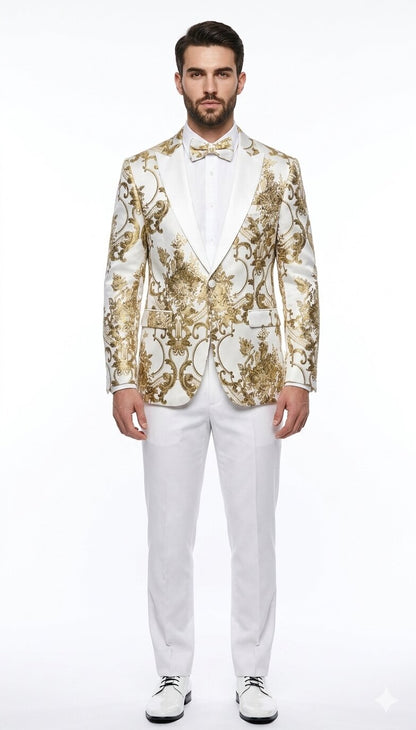 Mens White and Gold Floral Tuxedo Jacket with Satin Lapel – Luxury Prom, Wedding and Formal Dinner Blazer