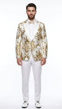 Mens White and Gold Floral Tuxedo Jacket with Satin Lapel – Luxury Prom, Wedding and Formal Dinner Blazer