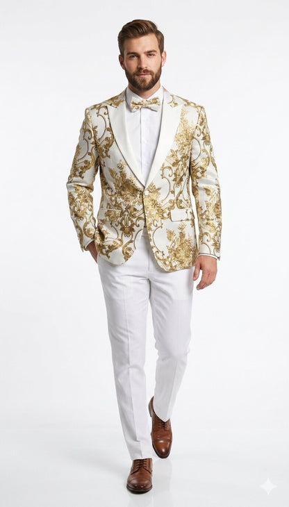 Mens White and Gold Floral Tuxedo Jacket with Satin Lapel – Luxury Prom, Wedding and Formal Dinner Blazer