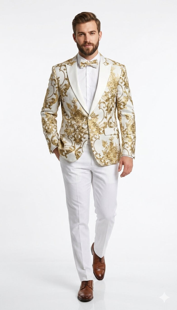 Mens White and Gold Floral Tuxedo Jacket with Satin Lapel – Luxury Prom, Wedding and Formal Dinner Blazer