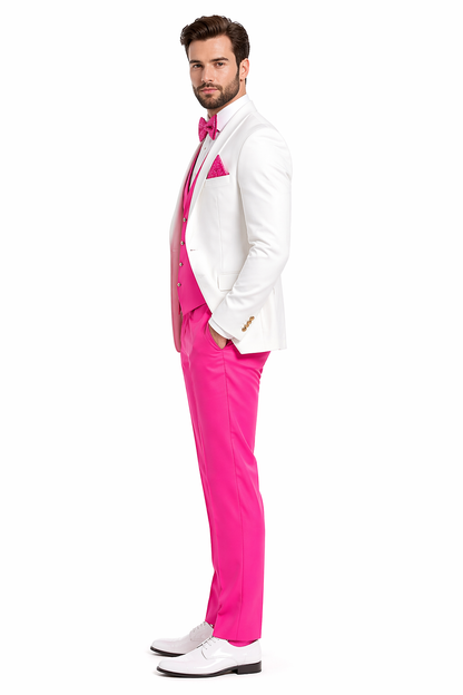 White and Hot Pink Tuxedo Wedding Suit - White Dinner Jacket + Vest + Pants + Bow-tie