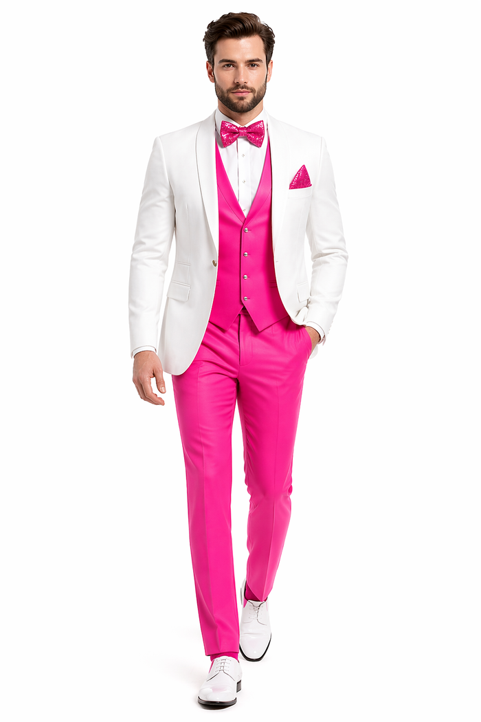 White and Hot Pink Tuxedo Wedding Suit - White Dinner Jacket + Vest + Pants + Bow-tie
