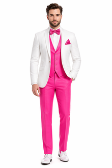 White and Hot Pink Tuxedo Wedding Suit - White Dinner Jacket + Vest + Pants + Bow-tie