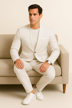 White Linen Suit For Summer - Collarless Blazer and Pants Collarless Lapel - No Lapel Casual!