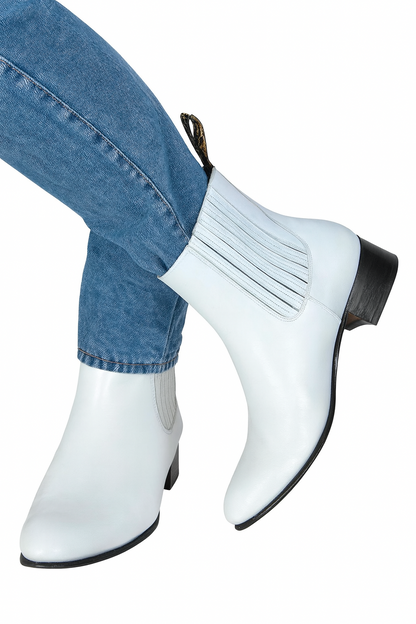 Los Altos Men’s White Deer Leather Charro Ankle Boots, Short Western Botin Boots with Square Toe