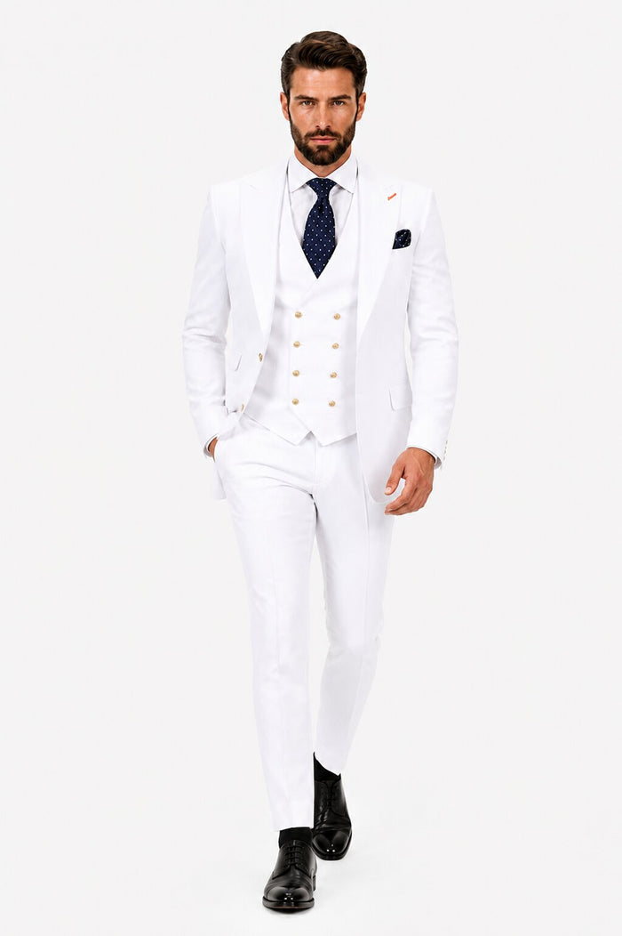 Men's White Statement Ticket Pocket Peak Lapel Wool Double Breasted Vest Suit with Gold Buttons – Modern Fit