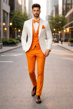 White and Orange Tuxedo Wedding Suit - White Dinner Jacket + Vest + Pants + Bow-tie