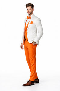 White and Orange Tuxedo Wedding Suit - White Dinner Jacket + Vest + Pants + Bow-tie
