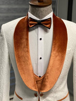 Luxury White Wedding Tuxedo with Orange Velvet Shawl Collar