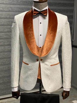 Luxury White Wedding Tuxedo with Orange Velvet Shawl Collar