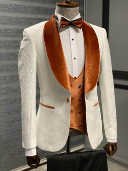 Luxury White Wedding Tuxedo with Orange Velvet Shawl Collar