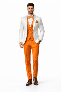White and Orange Tuxedo Wedding Suit - White Dinner Jacket + Vest + Pants + Bow-tie