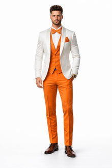 White and Orange Tuxedo Wedding Suit - White Dinner Jacket + Vest + Pants + Bow-tie