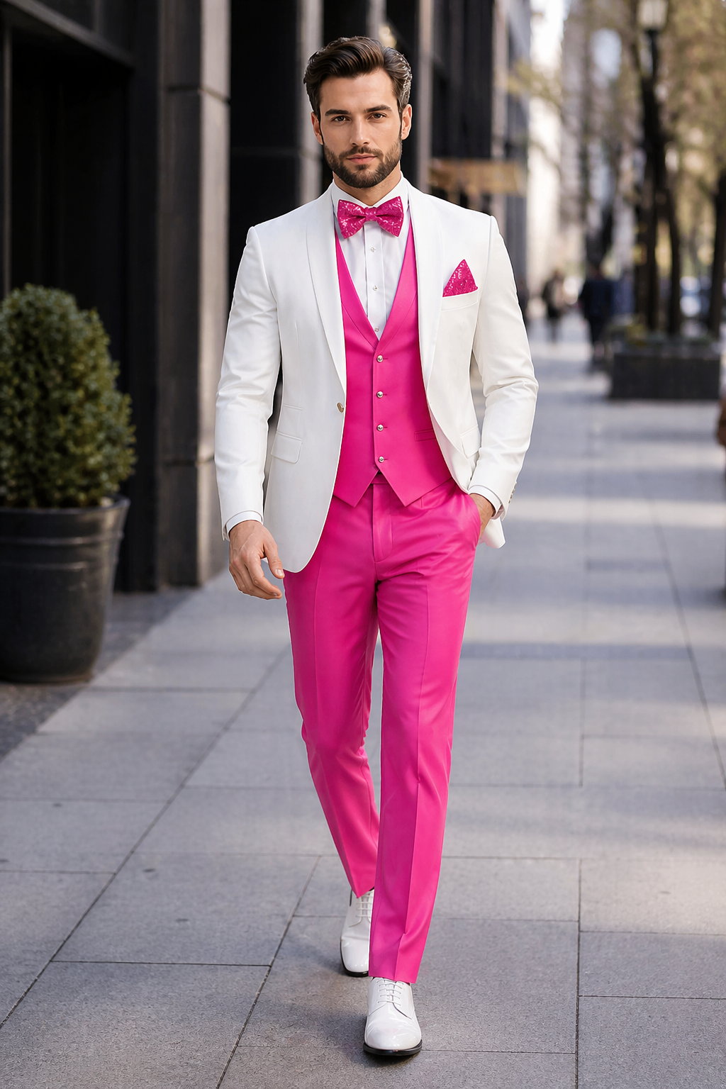 White and Hot Pink Tuxedo Wedding Suit - White Dinner Jacket + Vest + Pants + Bow-tie