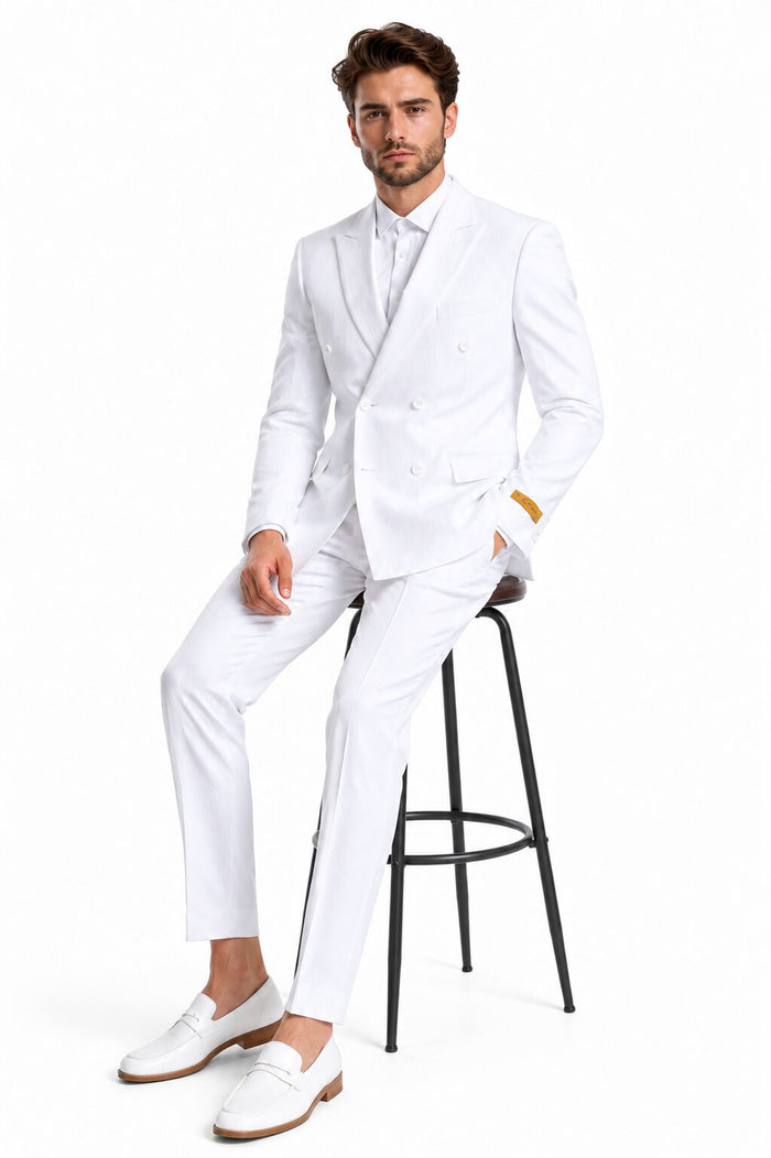 Men's Double Breasted Summer Seersucker Suit in White Pinstripe by Alberto Nardoni