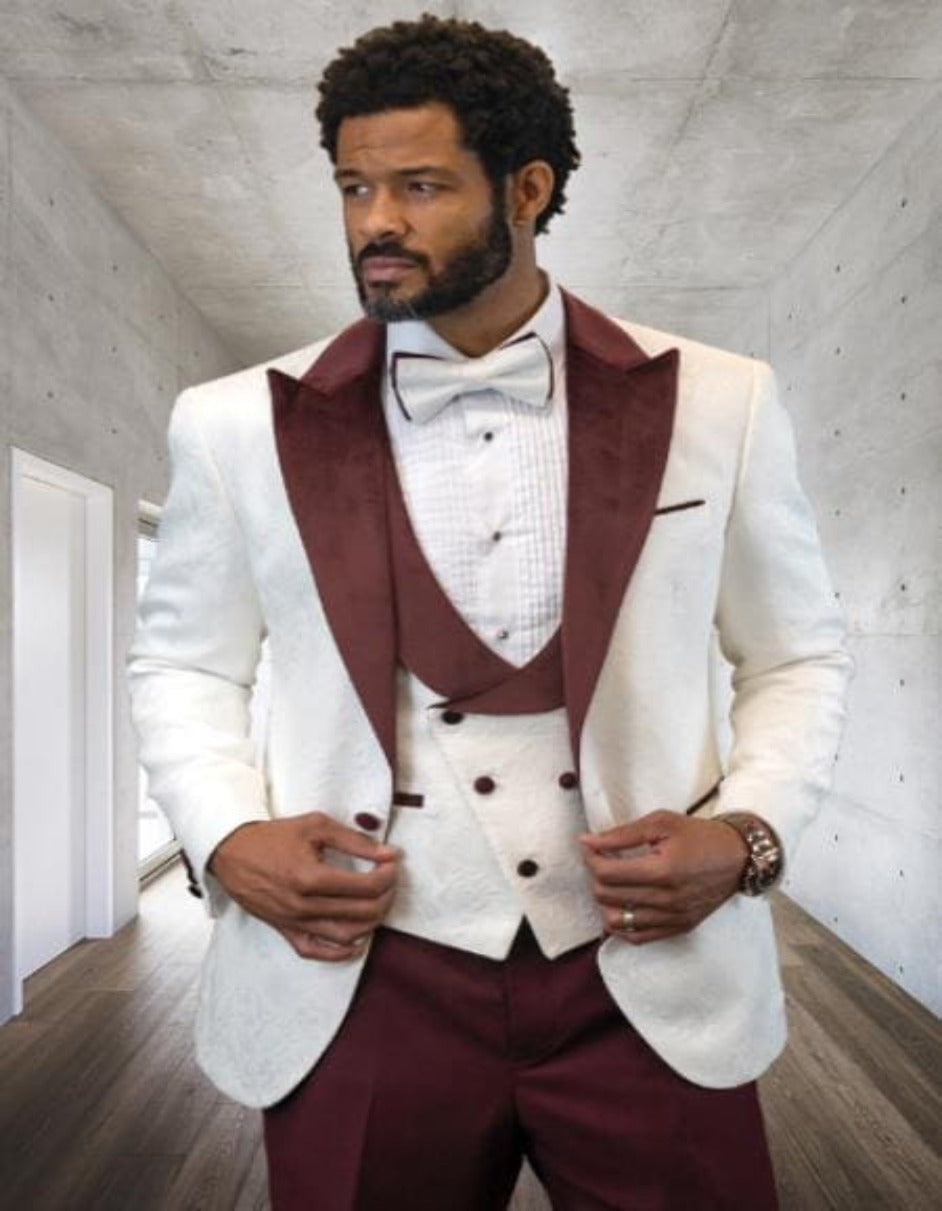 Maroon Tuxedo - Mens Burgundy Tuxedo Jacket + Vest + Pants - Single Breasted Wedding Tuxedo