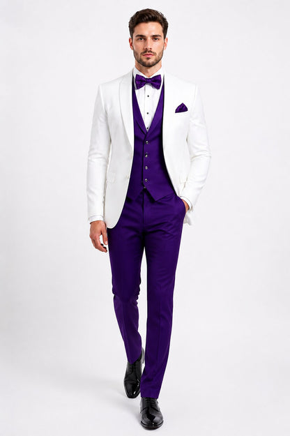 White and Purple Tuxedo Wedding Suit - White Dinner Jacket + Vest + Pants + Bow-tie