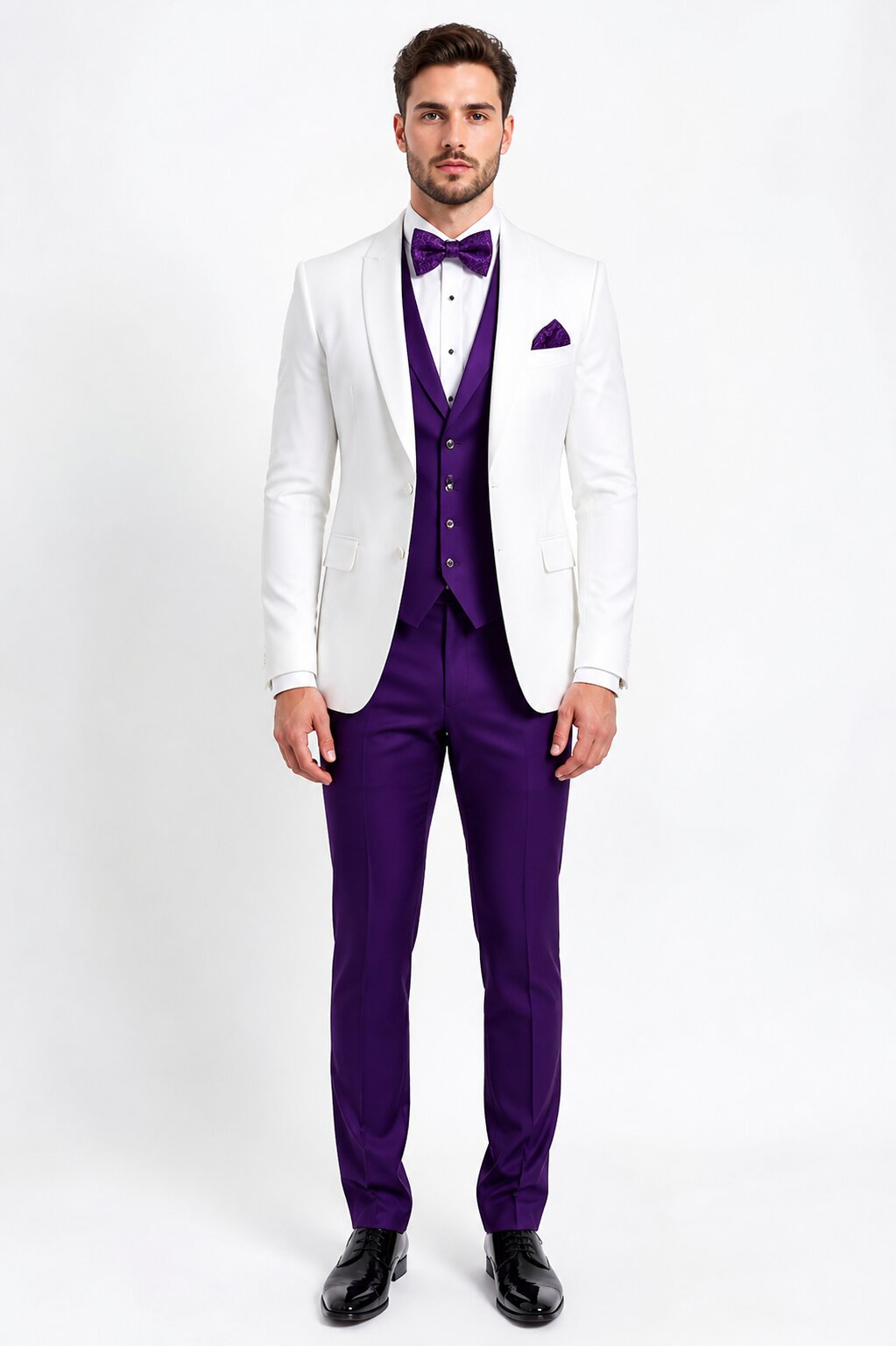 White and Purple Tuxedo Wedding Suit - White Dinner Jacket + Vest + Pants + Bow-tie