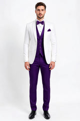 White and Purple Tuxedo Wedding Suit - White Dinner Jacket + Vest + Pants + Bow-tie