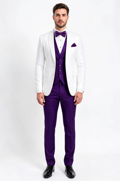 White and Purple Tuxedo Wedding Suit - White Dinner Jacket + Vest + Pants + Bow-tie